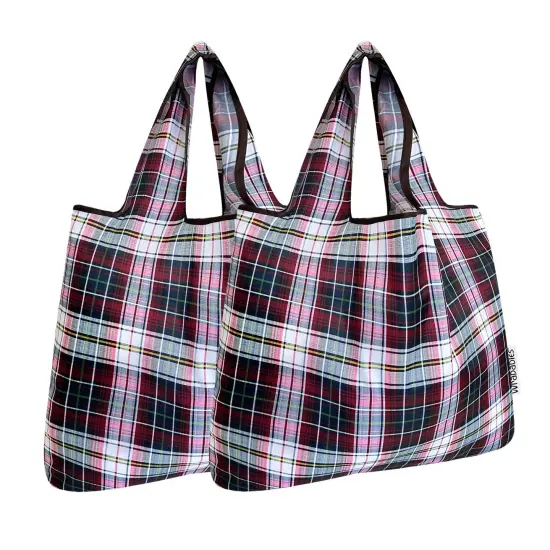 Wrapables Foldable Tote Nylon Reusable Grocery Bag (Set of 2), Red Plaid {1}