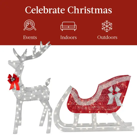 Best Choice Products Lighted Christmas 4ft Reindeer & Sleigh Outdoor Yard Decoration Set w/ 205 LED Lights, Stakes Silver - Large {3}