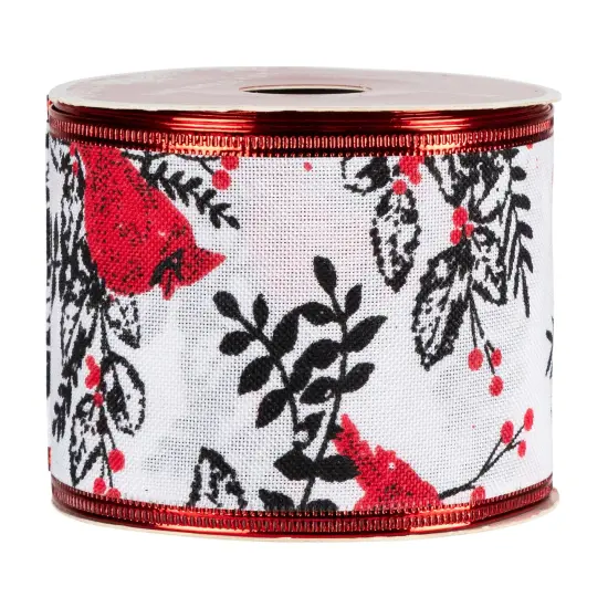 Northlight Cardinals with Leaves and Berries Wired Craft Christmas Ribbon 2.5" x 10 Yards White {4}