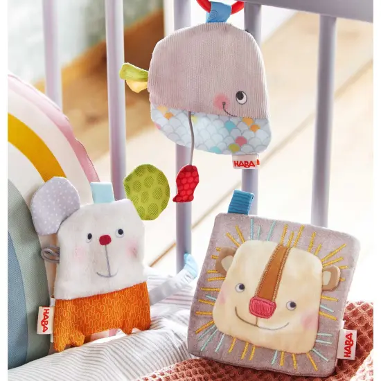 HABA Whale Lovey Crinkle Toy, Baby Soft Cloth and Baby Soother with Attached Red Fish for Sensory Play Multicolor {3}