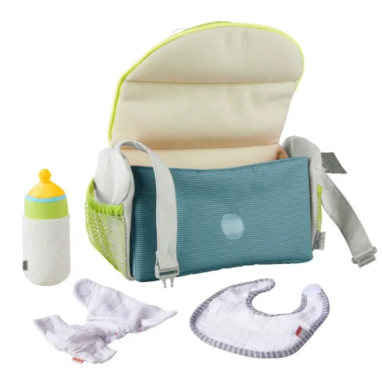 HABA Baby Doll Diaper Bag with Soft Bottle & Reusable Cloth Doll Diapers, Folds into Changing Mat, Toddler Pretend Play Accessories for Ages 18 Mo+ Multicolor {3}