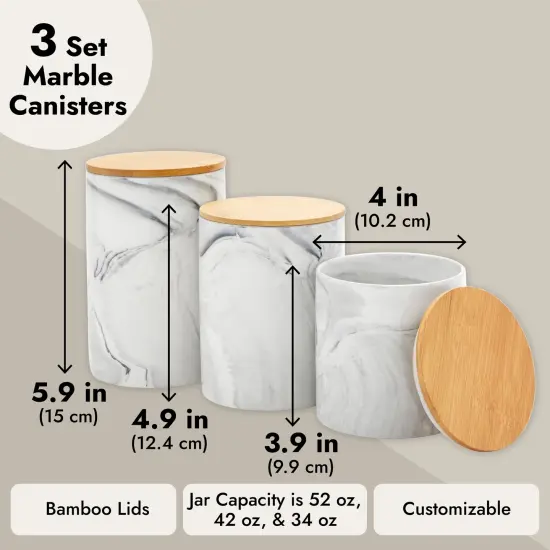 Set of 3 Marble Canisters with Airtight Wooden Bamboo Lids, Kitchen Counter Containers, Food Storage Jars, Ideal for Storing Sugar, Coffee, Snacks and Other Dry Goods, (3 Sizes) Grey {4}