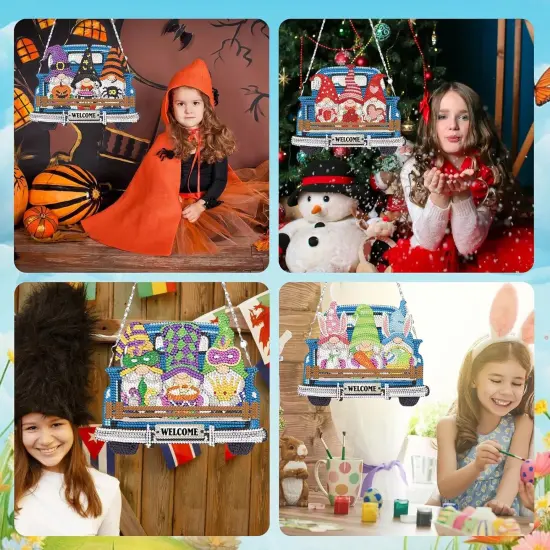 16PCS Interchangeable Diamond Painting Welcome Sign for Front Door Holiday Gnome Decor Blue Truck Hanging Sign Diamond Art Painting Kits for Adults Interchangeable Seasonal Decor for Home Wall {5}