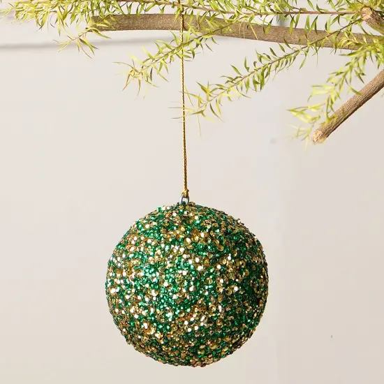 Sequins Lac Ball Hanging Ornament - Green & Gold - 4" {2}