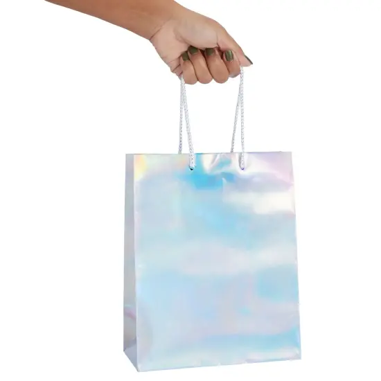 24 Pack Holographic Silver Gift Bags with Handles, 8x4x10 Inch for Wedding, Birthday, Retail, Small Business, Shopping {5}