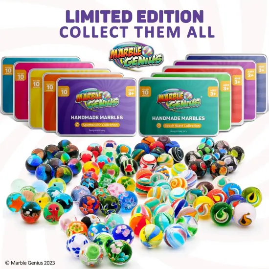 Marble Genius Collectors Marbles, Ribbons, 16mm (⅝ Inch), 10 Handmade Glass Marbles, Gifts for Marble Lovers, Gifts for Kids Ages 3-14 {5}