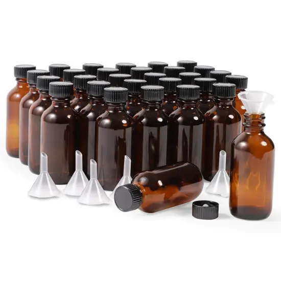 30-Pack 2 oz Amber Glass Bottles with Black Poly Cone Caps and 6 Funnels - Small Boston Round Bottle for Homemade Vanilla Extract, Essential Oils, Perfumes, Liquids Brown {1}