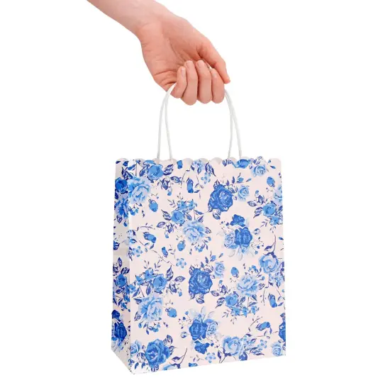 Sparkle and Bash 24-Pack Floral Gift Bags with Handles for Birthdays, Weddings, Bridal or Baby Showers - Rose Flower Print, Blue (8 x4x10 In) {3}