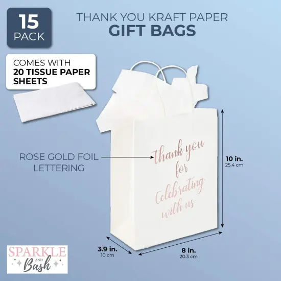 15-Pack Medium Sized Gift Bags with Tissue Paper for Wedding, Rose Gold Foil Thank You for Celebrating With Us Bags with Handles, Kraft Paper (10 x 8 x 4 Inches) {3}