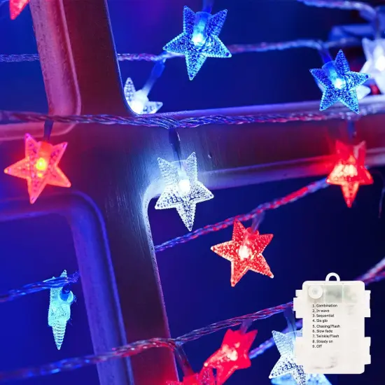 4th of July Decor Lights, Red White Blue Lights Battery Operated 100LED Patriotic Star String Lights 51FT 8Mode Waterproof for Indoor Outdoor 4th of July Independence Day Memorial Day Decor {1}