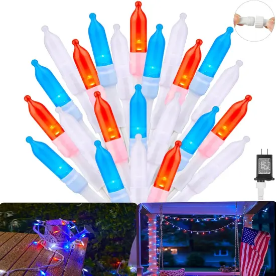 Red White Blue LED Mini Lights, 39Feet 100 LED 4th of July Decor String Lights with 8 Lighting Modes, Connectable Independence Day Lights for Wreath Indoor Outdoor Memorial Day Decoration, White Wire {5}