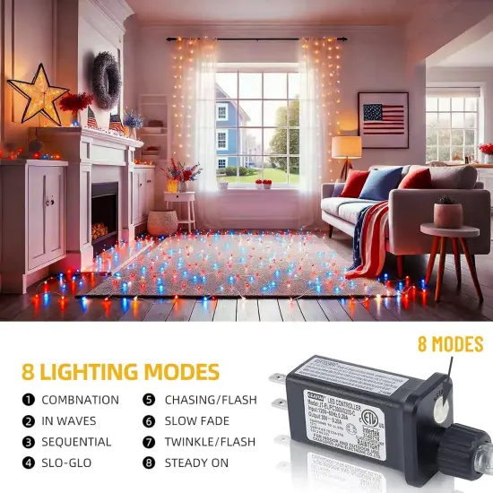 4th of July Lights, 200 LED 66ft Red White and Blue Patriotic String Lights Plug-in, 8 Modes &Timer Waterproof for Outdoor Indoor Independence Day, Memorial Day, Holiday Decor {3}