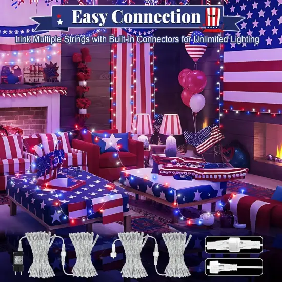Red White and Blue Lights Outdoor, 32ft 100 LED Patriotic String Lights for 4th of July, Memorial Day, Independence Day Decor, 8 Modes Timer Waterproof Connectable {4}