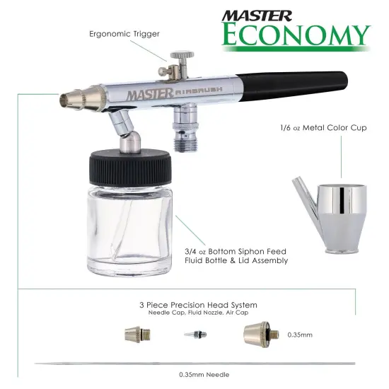 Master Performance E90 Multi-Purpose Precision Dual-Action Siphon Feed Airbrush with Black Handle, 0.35 mm Tip, 3/4 oz Bottle {2}