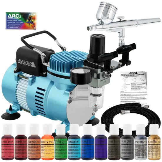 Cake Decorating Airbrushing System Kit with a 12 Color Chefmaster Food Coloring Set - G22 Gravity Feed Airbrush, Air Compressor, Guide Booklet {1}