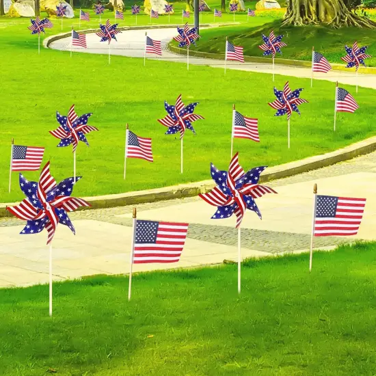 American Flags Patriotic Pinwheels,24 Pack Classroom American Flags Decorations Small USA Flags On Stick With Yard USA Pinwheels,Red White And Blue Decorations For Patriotic Party Supplies {3}