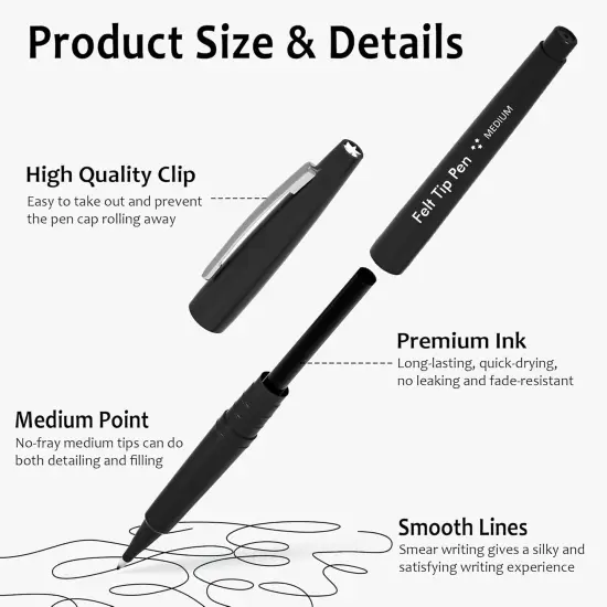Felt Tip Pens, 60 Black Pack, 0.7mm Medium Point, Felt Tip Markers Pens for Journaling, Writing, Note Taking, Planner, Perfect for School Office and Art Supplies {2}