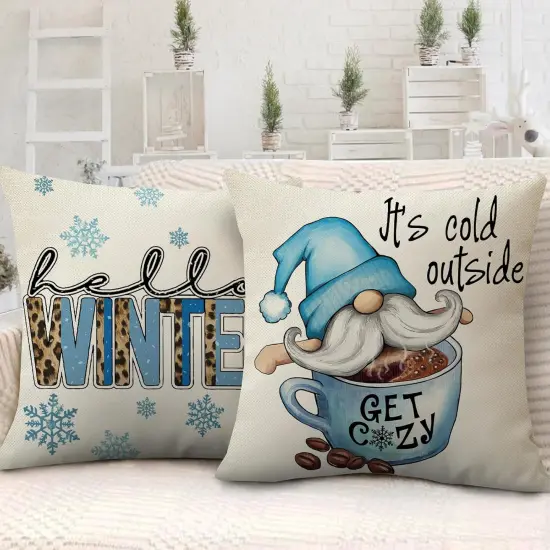 Hello Winter Blue Gnome Decorative Pillow Cover 16 x 16 Set of 4, It's Cold Outside Snowflakes Coffee Let It Snow Farmhouse Pillowcases, Christmas Buffalo Plaid Wooden Tiered Tray Decors {4}