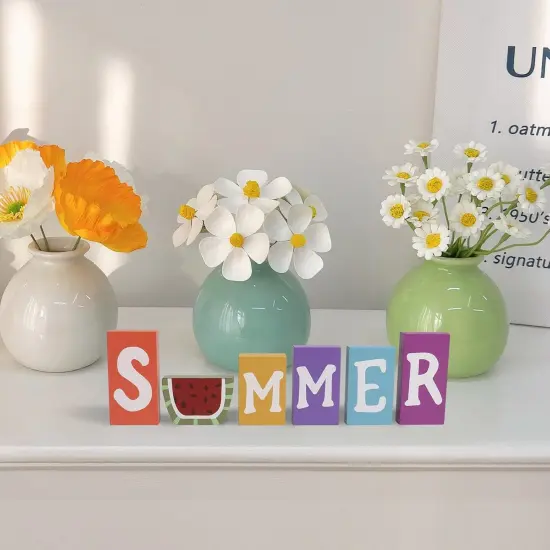 Summer Signs For Home Decor, 6 Pieces Wooden Summer Letter Blocks, Indoor Table Shelf Mantel Tiered Tray Decoration {2}