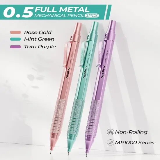 0.5 mm Metal Mechanical Pencil Set, 3PCS MP1000 Artist Lead Pencils With 480PCS HB 2B Lead Refills, Erasers, Pastel Aesthetic Mechanical Pencils for School Supplies Writing Drawing Sketching {3}