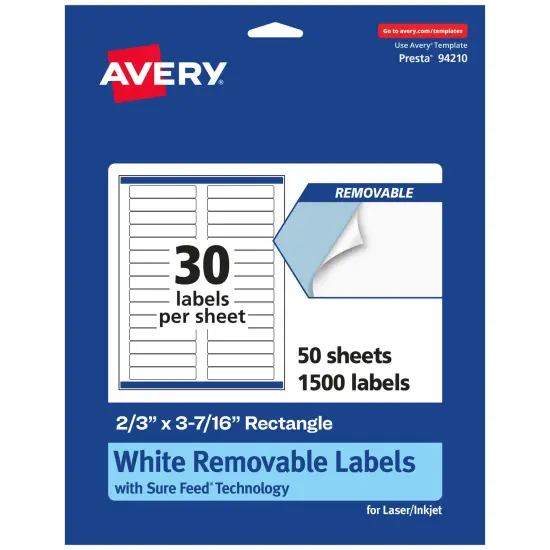 Avery Matte White Removable Rectangle Labels with Sure Feed Technology, 2/3" x 3-7/16" {7}