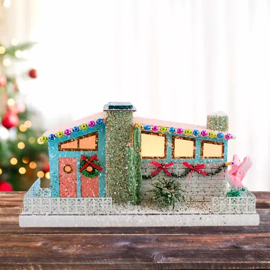 Cody Foster 6.0 Inch Blue Palm Springs House Christmas Putz House , Christmas Decor Mid Century Modern Flamingo Multicolored {5}