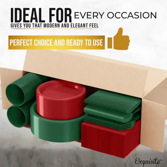 Exquisite 182 Pcs Plastic Plates for Party &ndash; Disposable Plates Set &ndash; 26 Each of 9" Dinner Plates, 7" Dessert Plates, Plastic Cups, Napkins & Plastic Cutlery &ndash; Plastic Dinnerware by Party Solids Holiday {3}