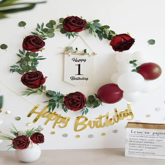 16PCS Burgundy Flowers Artificial Silk Roses with Stems for Wedding Bouquets Party Bridal Shower Home Decor {5}