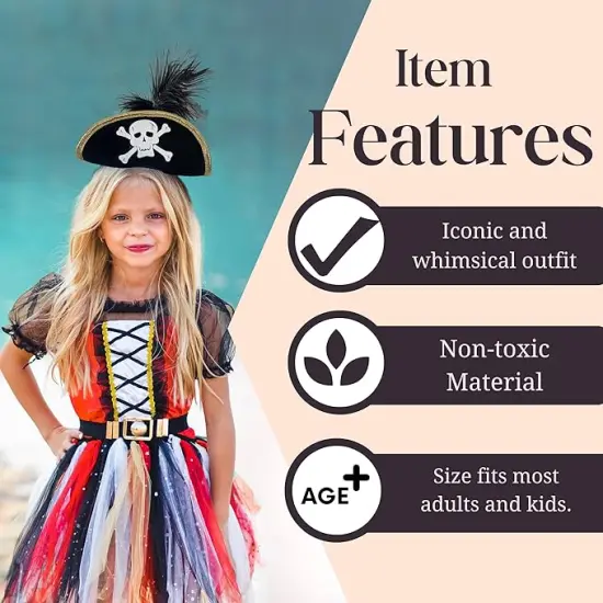 4E's Novelty Black Pirate Headband Hat for Women & Girls &ndash; Mini Pirate Hat with Skull & Feather &ndash; Halloween Pirate Costume Accessories for Adults & Kids, Caribbean Cosplay, Dress Up Party Headwear {2}