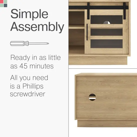 Stead Modern Farmhouse TV Stand, Media Console with Sliding Glass Doors, 58&rdquo; Entertainment Center with Storage, Barn Door TV Stand for Living Room and Bedrooms, Supports 32 to 65" TVs (Light Oak) {4}