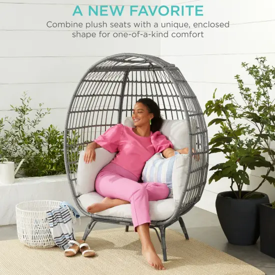 Best Choice Products Wicker Egg Chair Oversized Indoor Outdoor Patio Lounger w/ Steel Frame, 440lb Capacity Gray/White Sand {6}