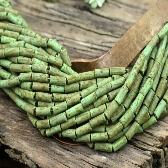 9x4mm Matte Green Turquoise Picasso Czech Bugle Beads - 20" Strand {4}