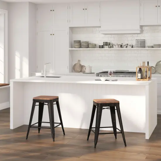 Merrick Lane Dalton Series Backless Metal Dining Stool with Wooden Seat for Indoor Use Black-Antique Gold {1}