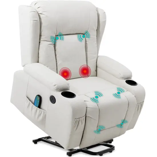 Best Choice Products Electric Power Lift Linen Recliner Massage Chair Furniture w/ USB Port, Heat, Cupholders Ivory {1}