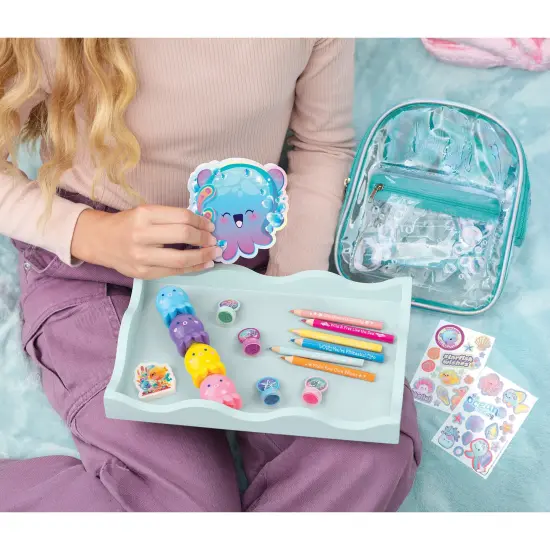 3C4G: Portable Seas The Day! Stationary Set - 8" Mini Backpack Case, Ocean Themed, Stickers-Highlighters-Color Pencils-Stamps-Note Pad, Girls & Kids {6}