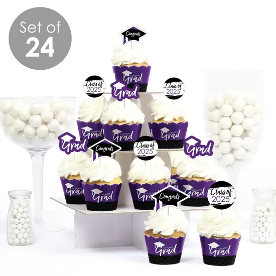 Big Dot of Happiness 2025 Purple Graduation Cupcake Decoration - Party Cupcake Wrappers and Treat Picks Kit - Set of 24 {3}