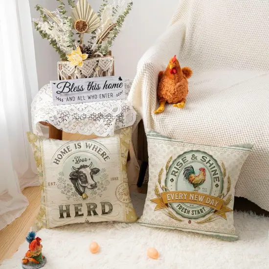 Farmhouse Animal Pillow Covers 18x18 Set of 4 Retro Farmer's Market Truck Rooster Sheep Feed Seed Premium Poultry Farm Home D&eacute;cor Throw Pillow Case Cushion Cover for Sofa {2}
