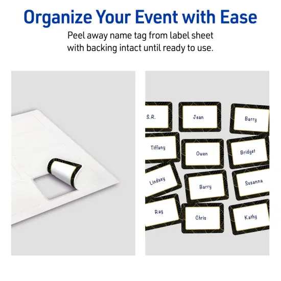Avery Printable Rectangle Adhesive Name Badges, Pre-Printed Black Border with Gold Pattern, Matte White, 2-1/3" x 3-3/8", Laser & Inkjet Compatible, 80 Total, Great for Branding, Marketing, and Events {6}