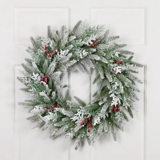 Northlight Real Touch&trade;️ Flocked Wind River Fir with Berries Artificial Christmas Wreath - 24" - Unlit Green {1}