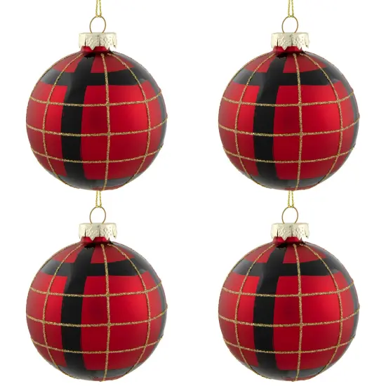 Northlight 4ct Red, Black and Gold Plaid Glass Ball Christmas Ornaments 3.25" {3}
