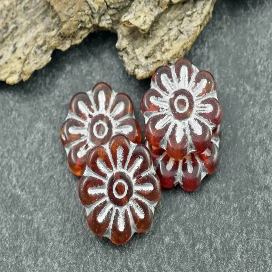 *6* 18mm Silver Washed Ruby Red Daisy Flower Beads {3}
