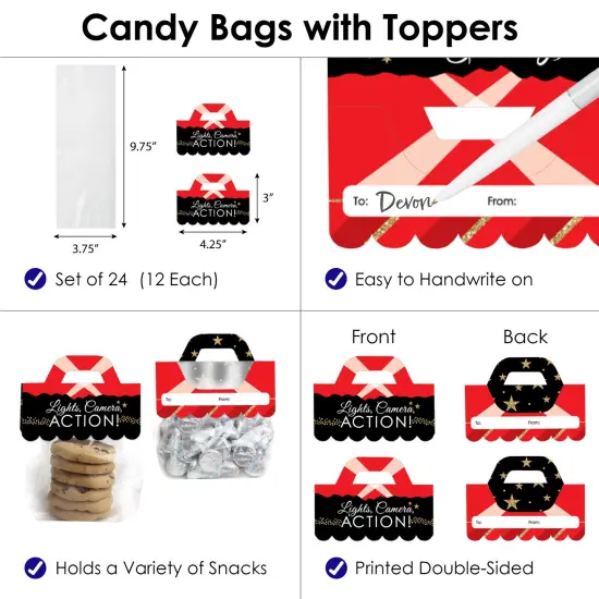Big Dot of Happiness Red Carpet - DIY Movie Night Party Clear Goodie Favor Bag Labels - Candy Bags with Toppers - Set of 24 {4}