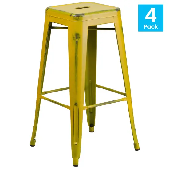 Emma and Oliver Commercial Grade 4 Pack 30" High Backless Distressed Metal Indoor-Outdoor Barstool Yellow {5}