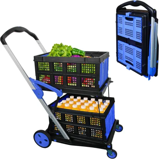 Shopping Cart with 2 Storage Crates, Multi Use Two Tier Collapsible Cart with 360&deg; Rolling {1}