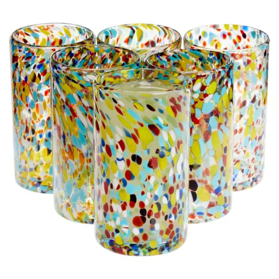 6-Pack Hand Blown Mexican Glassware, Confetti Rock Glasses for Whiskey, Juice, Beverages, Beer, Cocktails, Heavy Duty and Reusable (Colorful Design, 14 oz Capacity) Multicolor {6}