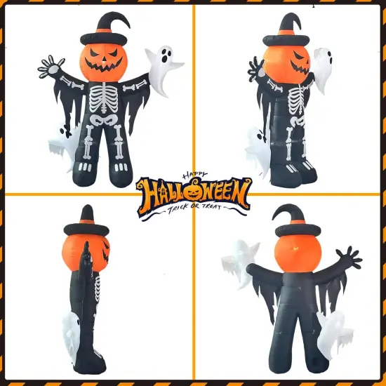 8ft Skeleton Pumpkin with Ghosts Halloween Inflatable {3}