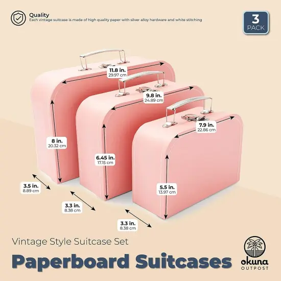 Set of 3 Different Sizes of Paperboard Suitcases with Metal Handles, Decorative Cardboard Storage Boxes (Pink) {2}