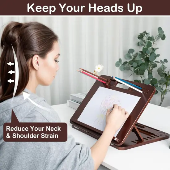 6-Position Bamboo Table Easel, 16x12 Inch Adjustable Drawing and Sketching Board with Built-in Handle and Back Storage, Portable Art and Lap Desk for Sketching, Reading, and Book Stand {2}