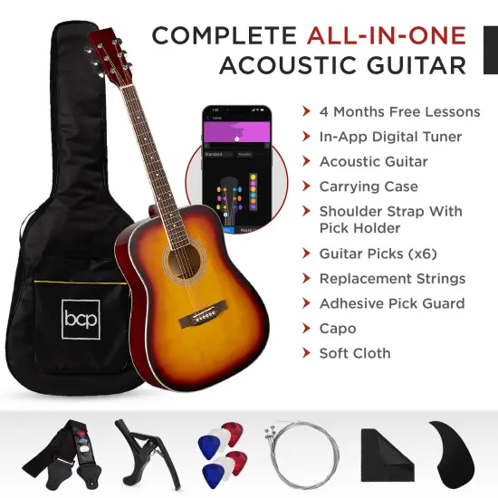 Best Choice Products 41in Full Size All-Wood Acoustic Guitar Starter Kit w/ Gig Bag, Pick, Strap, Rag Sunburst {3}