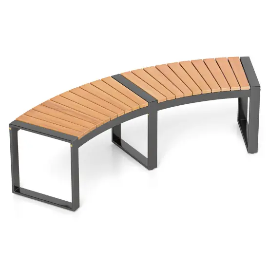 Costway Backless 2-Person Patio Curved Bench with Slatted Seat & Metal Legs Oil Painted {2}
